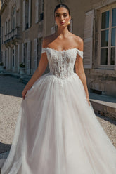 Long A Line Wedding Dress Off The Shoulder Appliques Tulle Bridal Gown
