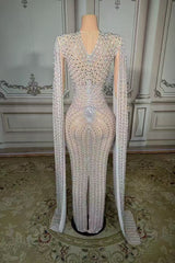 Long Beaded Mermaid Prom Dress Wateau Sleeves Formal Evening Dress