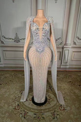 Long Beaded Mermaid Prom Dress Wateau Sleeves Formal Evening Dress