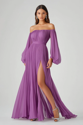 Long Chiffon Purple Wedding Guest Dress A Line Long Sleeves Formal Dress With Slit