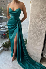 Long Dark Green Mermaid Sleeveless Prom Dress Long Slit