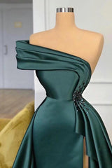 Long Dark Green Satin Prom Dress Elegant Split Evening Gowns
