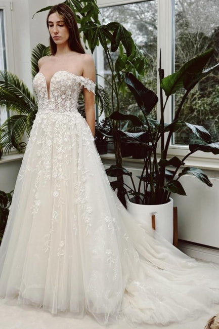 Long Ivory A Line Wedding Dress Off The Shoulder V Neck Sleeveless Bridal Gown With Lace