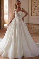 Ivory A Line Wedding Dress Princess Spaghetti Straps Lace Tulle Bridal Gown