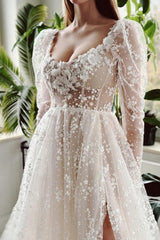 Long Ivory A Line Wedding Dress Sleeves Lace Bridal Gown With Slit