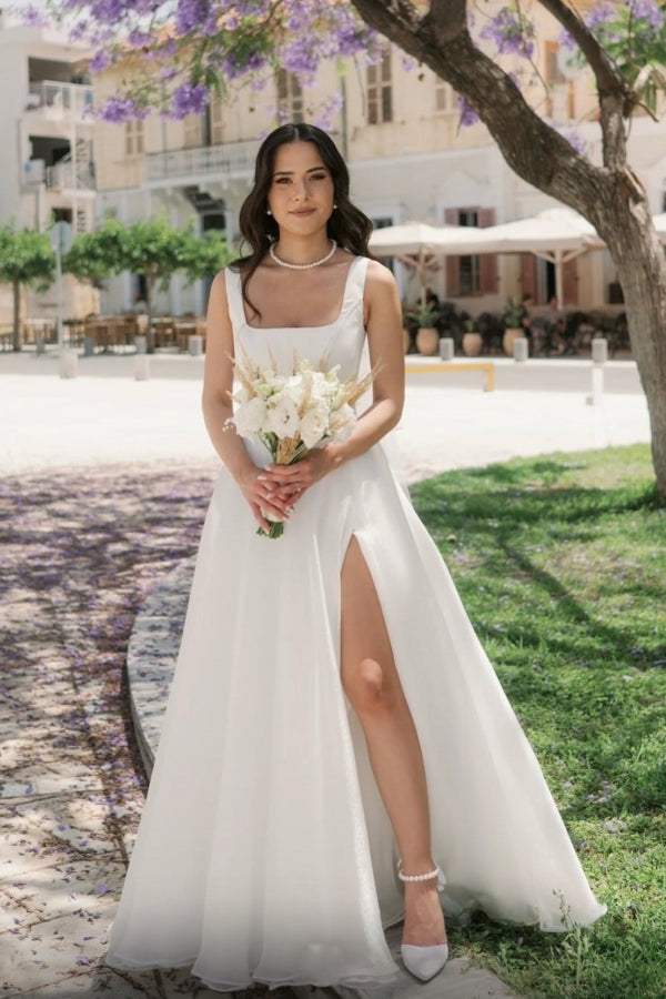 Long Ivory A Line Wedding Dress Straps Tulle Sleeveless Bridal Gown With Slit
