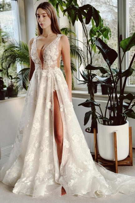 Long Ivory V Neck Wedding Dress A Line Split Front Sleeveless Bridal Gown With Lace