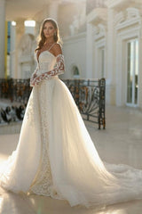 Long Ivory Wedding Dress Mermaid Spaghetti Straps V Neck Lace Bridal Gown With Detachable Train