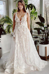 Long Ivory Wedding Dress V Neck A Line Lace Bridal Gown With Glitter