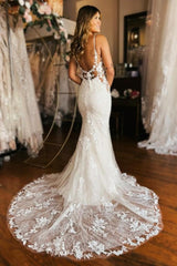 Long Mermaid Wedding Dress Spaghetti Straps V Neck Backless Bridal Gown