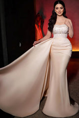Long Mermaid Wedding Dress Strapless Sequined Bridal Gown With Pearls