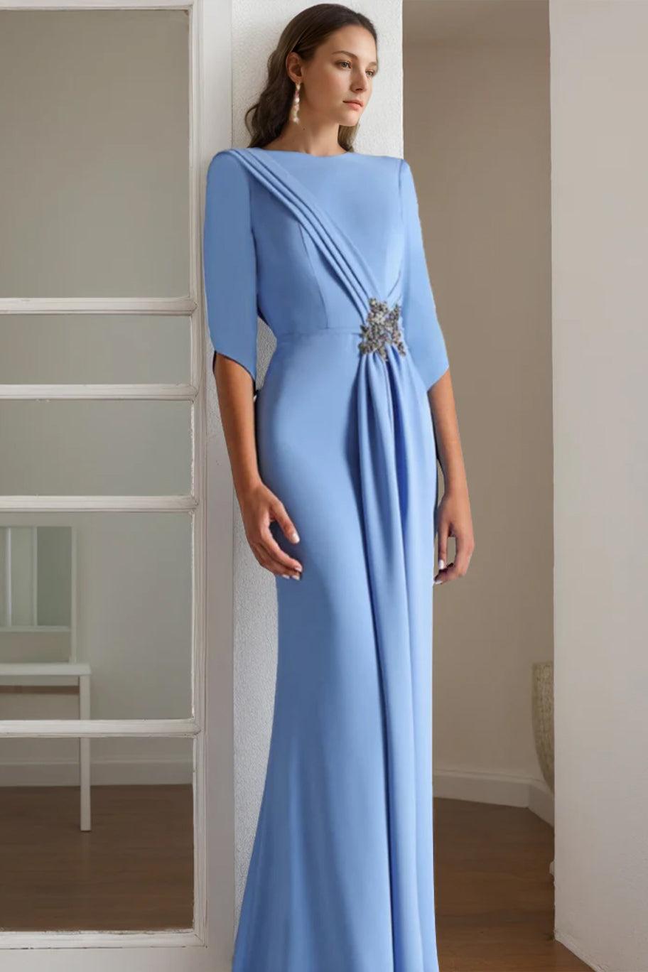 Long Mother of the Bride & Groom Dresses with Rhinestone Sheath Column Scoop and 1 2 Length Sleeves