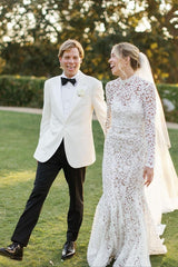 Long Sleeve Beach Wedding Dress Lace High Neck Mermaid Bridal Gown