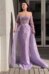 Long sleeve beaded off-the-shoulder mermaid prom dress with detachable tulle train, front view