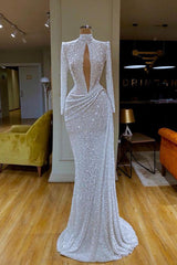 Long Sleeve Formal Dress High Neck Keyhole Sequined Evening Dress