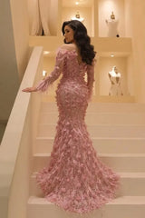 Long Sleeve Formal Dress Mermaid 3D Flower Prom Evening Dress with Feathers