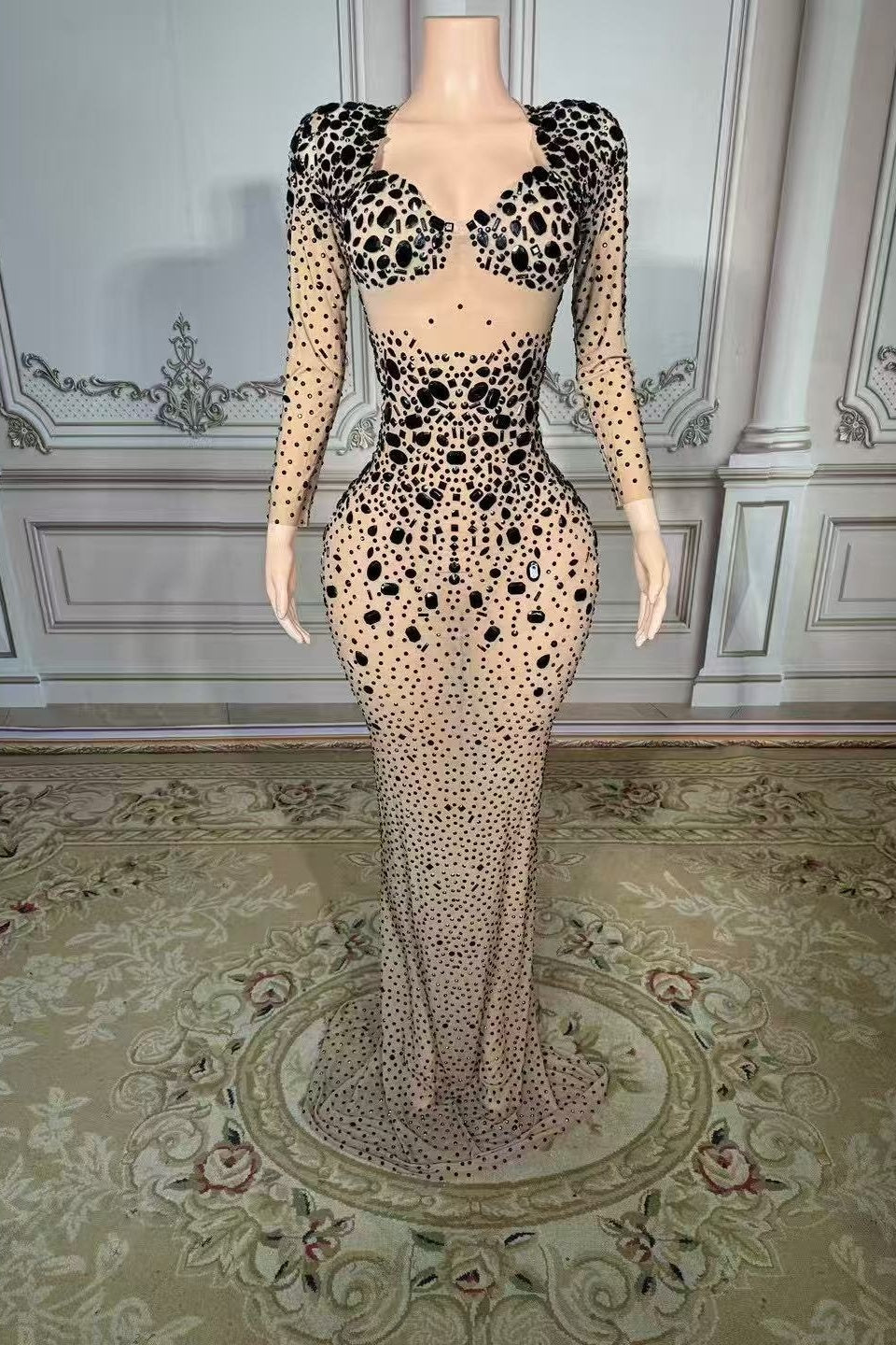 Long Sleeve Formal Evening Dress Mermaid Floor Length beaded Party Dress