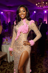 Long Sleeve High Neck Formal Dress Long Evening Party Dress with 3D Flowers