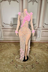 Long Sleeve High Neck Formal Dress Long Evening Party Dress with 3D Flowers