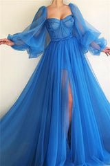 Long Sleeve Prom Dress Blue Sweetheart Tulle A Line Formal Dress with Slit