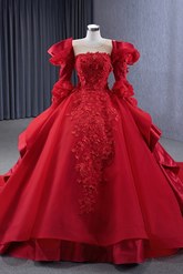 Long Sleeve Quinceanera Dress Red Crew Neck Ball Gown Sweet 16 Dress