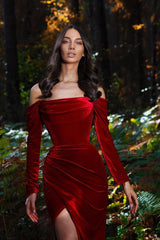 Long Sleeve Velvet Dress Burgundy Mermaid Evening Dress with Slit