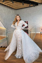 Long Sleeve Wedding Dress V Neck Lace Appliqued Bridal Gown with Detachable Train