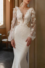 Long Sleeves Court Train Elastic Satin Wedding Dress Mermaid Illusion Neck