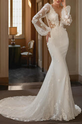 Long Sleeves Court Train Elastic Satin Wedding Dress Mermaid Illusion Neck