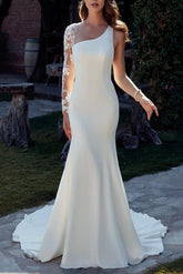 Long Sleeves Court Train Elastic Satin Wedding Dress With Appliques Lace