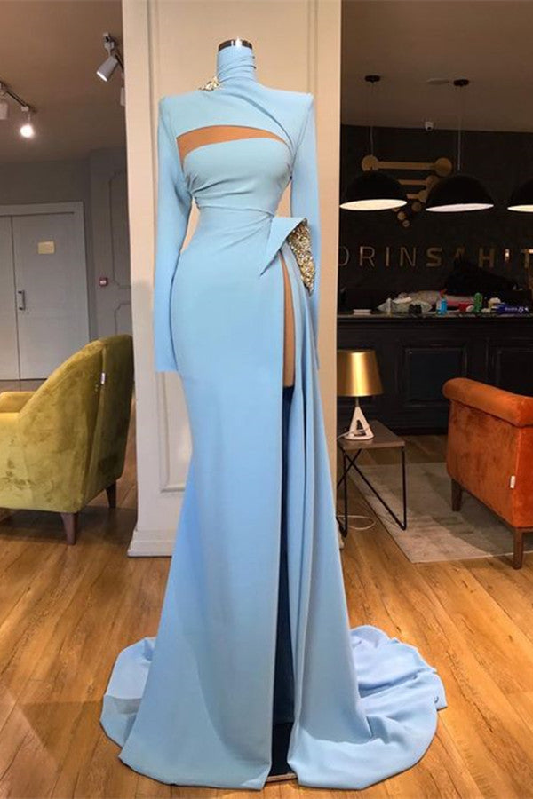 Long Sleeves Formal Dress High Neck Mermaid Prom Dress Long With Slit