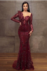 Long Sleeves Formal Dress Tulle Burgundy Lace Appliques Mermaid Evening Dress