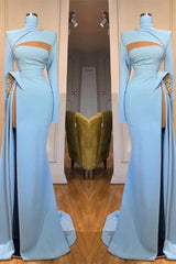 Long Sleeves High Neck Mermaid Prom Dress Long With Slit