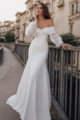 Long Sleeves Mermaid Wedding Dress Off The Shoulder Elastic Satin Simple