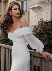 Long Sleeves Mermaid Wedding Dress Off The Shoulder Satin Bridal Gown