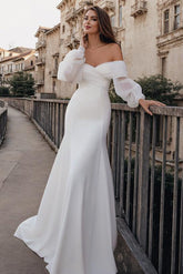 Long Sleeves Mermaid Wedding Dress Off The Shoulder Satin Bridal Gown