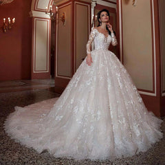 Long Sleeves Wedding Dress Ball Gown Bridal Gown with Lace Appliques