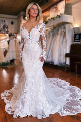 Long Sleeves Wedding Dress Mermaid Appliques Bridal Dress with Panel Train