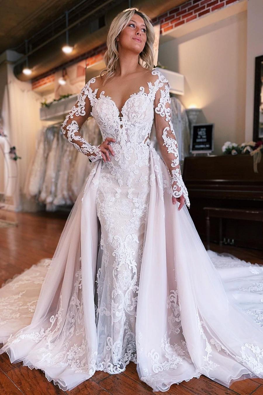 Long Sleeves Wedding Dress Mermaid Appliques Bridal Dress with Panel Train