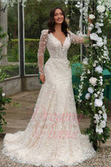 Long Sleeves Wedding Dress V Neck A Line Sequin Bridal Gown with Panel Train