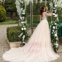 Long Sleeves Wedding Dress V Neck A Line Sequin Bridal Gown with Panel Train