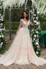 Long Sleeves Wedding Dress V Neck A Line Sequin Bridal Gown with Panel Train