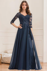 Long V Neck A Line Mother of the Bride Dresses with Half Sleeves and Sequins