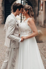 Long White Wedding Dress A Line Lace Chiffon Sleeveless Backless Bridal Gown