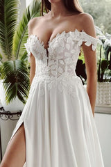 Long White Wedding Dress A Line Off The Shoulder Bridal Gown With Slit