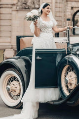 Long White Wedding Dress A Line Square Neck Tulle Lace Bridal Gown With Short Sleeves