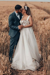 Long White Wedding Dress A Line Tulle Sleeveless Bridal Gown With Lace