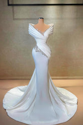 Long White Wedding Dress Mermaid Off The Shoulder Lace Satin Bridal Gown With Rhinestones
