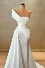 Long White Wedding Dress Mermaid One Shoulder Satin Sleeveless Bridal Gown