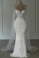 Long White Wedding Dress Mermaid Sweetheart Beaded Sleeveless Bridal Gown With Pearls